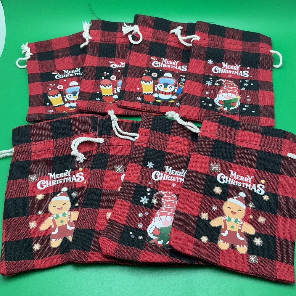Merry Christmas Reusable Drawstring Red/Black Plaid Gift Bags, Set of‎ 9